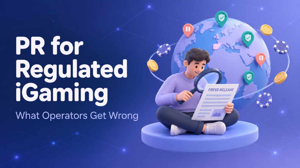 Cover for PR for Regulated iGaming: What Operators Get Wrong. A 3D figure checks a press release with a magnifying glass in front of a globe with green approval pins and red paused pins over markets, ringed by casino chips and coins.