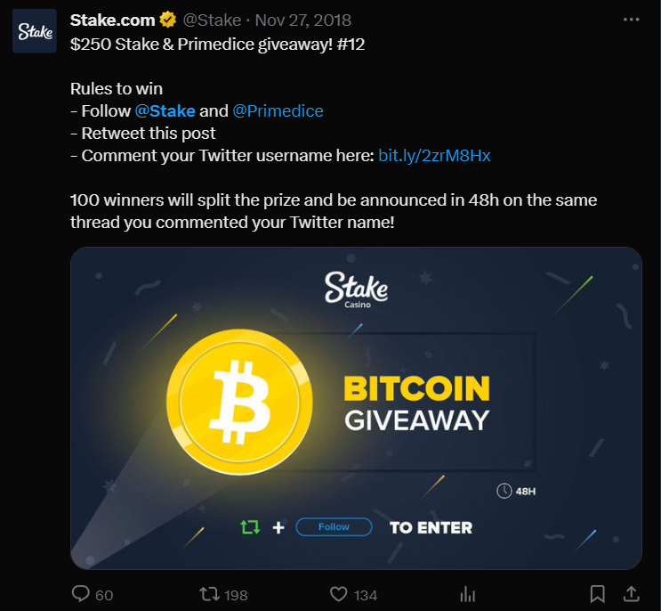 2018年11月、StakeとPrimediceがXで実施した250ドル相当のビットコインのプレゼント企画の投稿