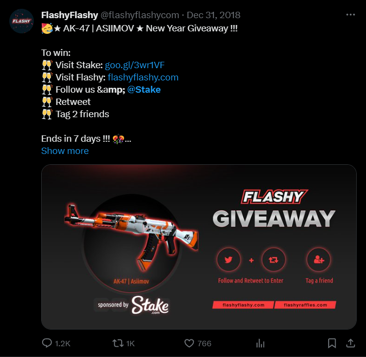 2018年12月、Stakeが協賛したFlashyのプレゼント企画のX投稿