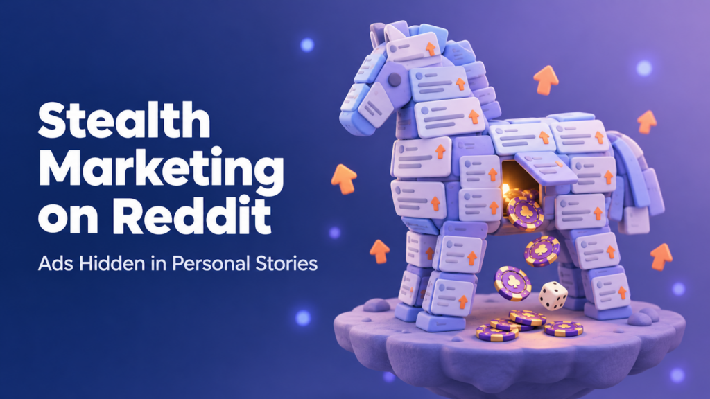 Trojan horse built from Reddit post cards with upvote arrows, casino chips and a die spilling out, illustrating stealth marketing on Reddit.