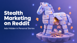 Trojan horse built from Reddit post cards with upvote arrows, casino chips and a die spilling out, illustrating stealth marketing on Reddit.