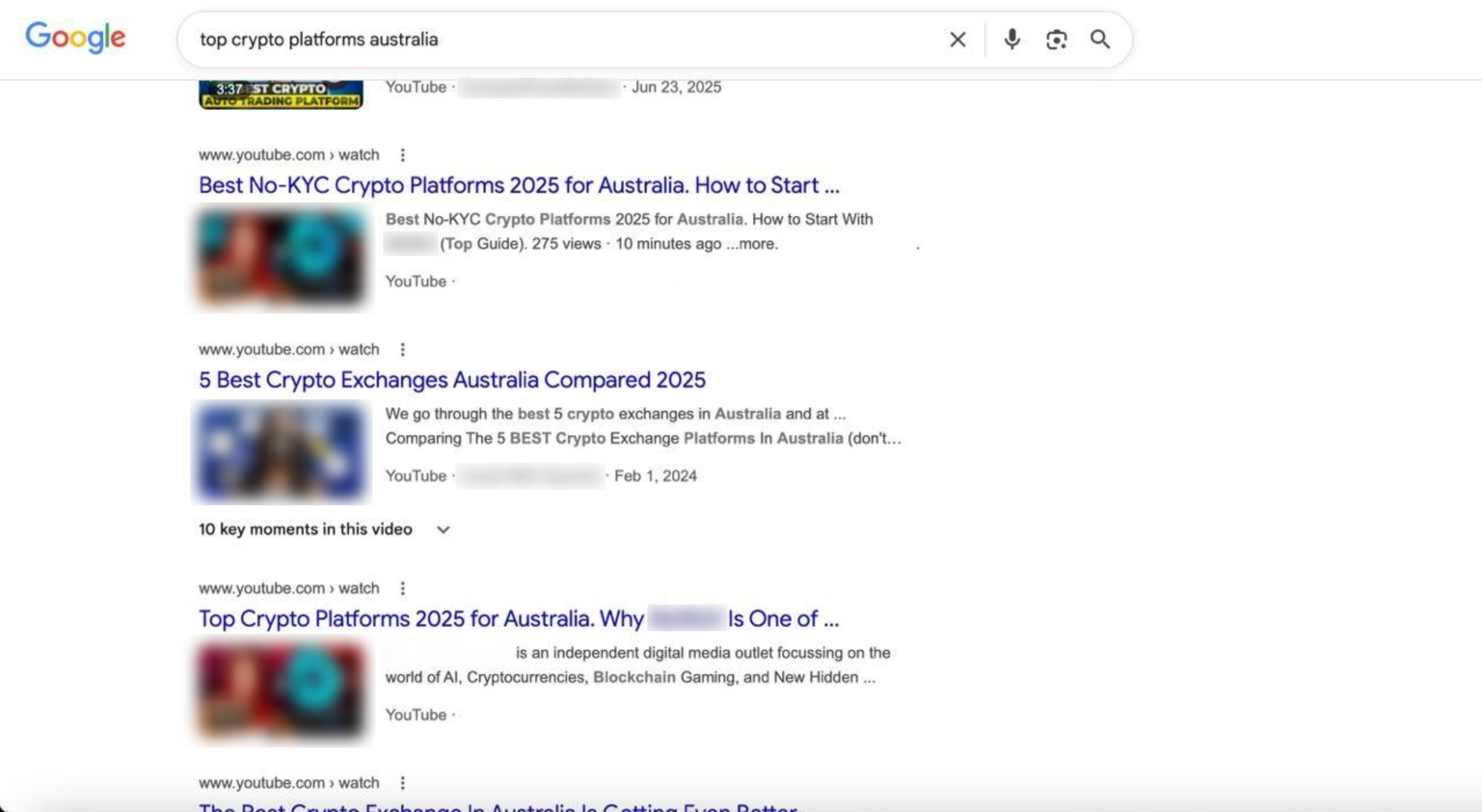 Google search results for a competitive crypto platform query showing organic video results without paid promotion