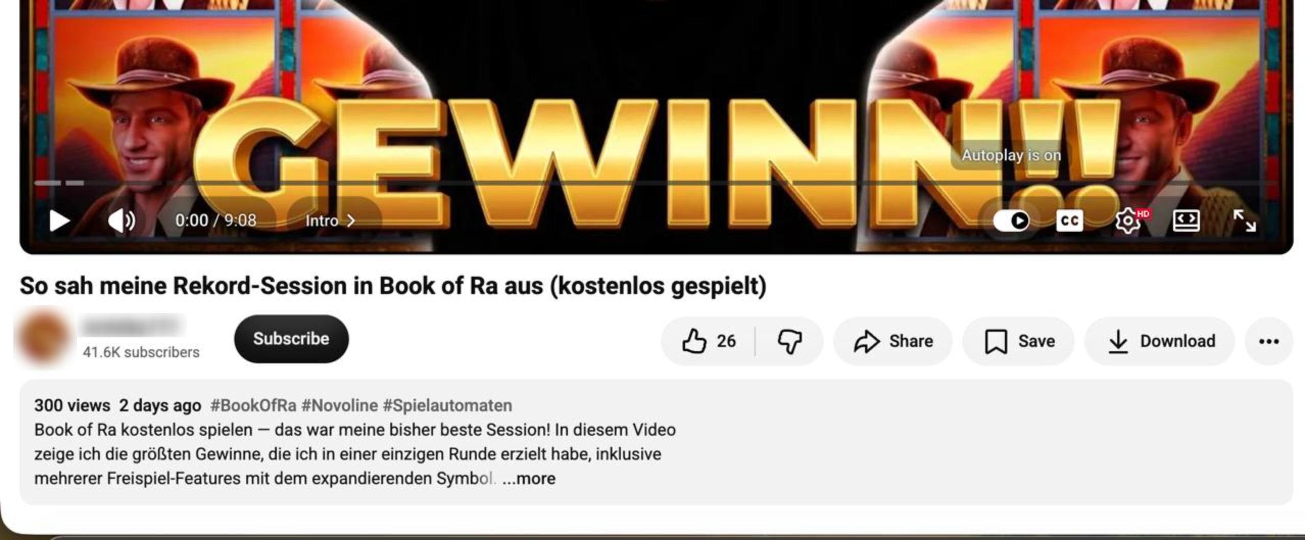 YouTube video interface showing organic views for a German-language crypto casino slot video using a live checklist content format