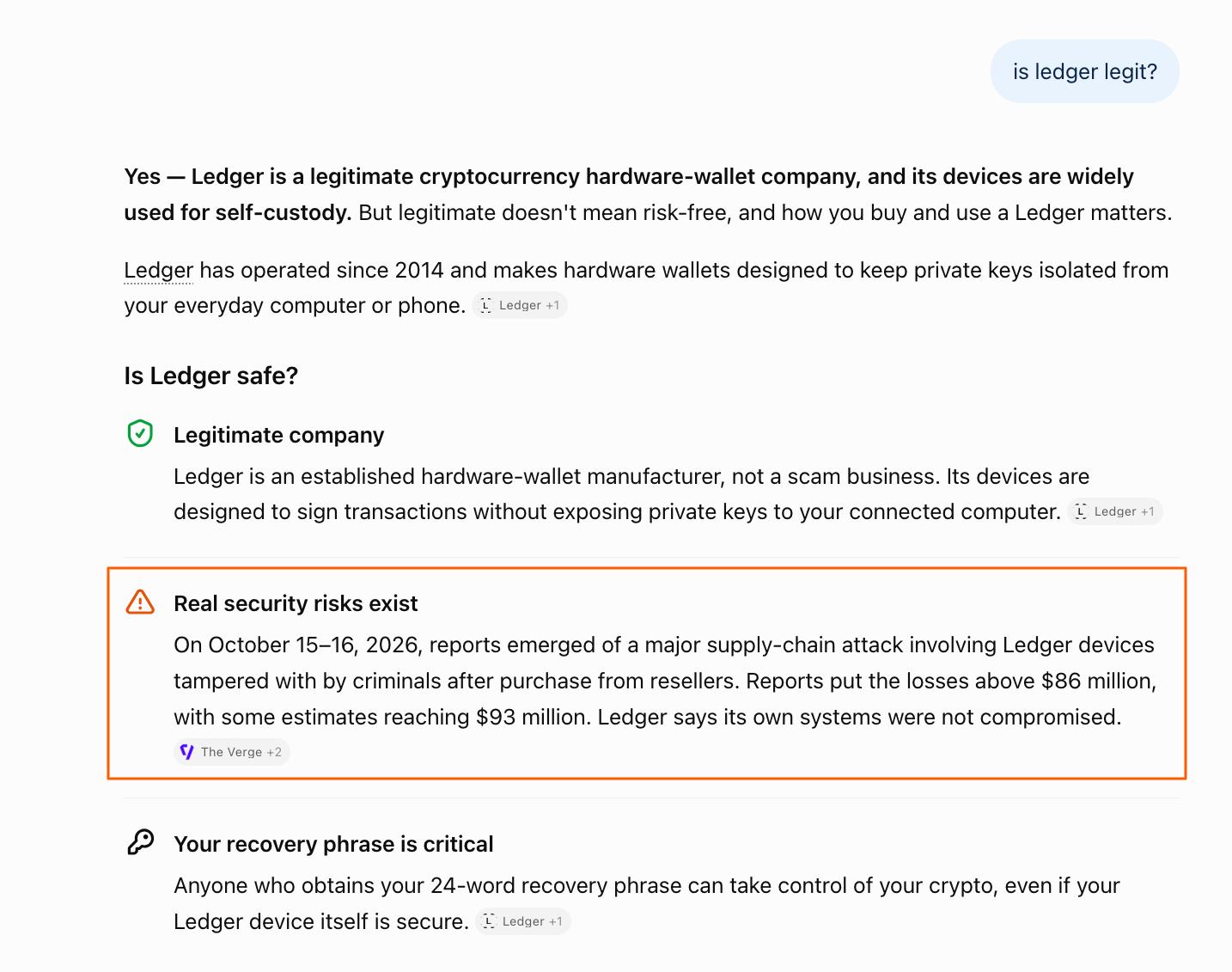 Screenshot of the ChatGPT app answering is ledger legit on 16 October 2026, dating the Ledger supply-chain attack to October 15 to 16 and citing a 93 million dollar loss.
