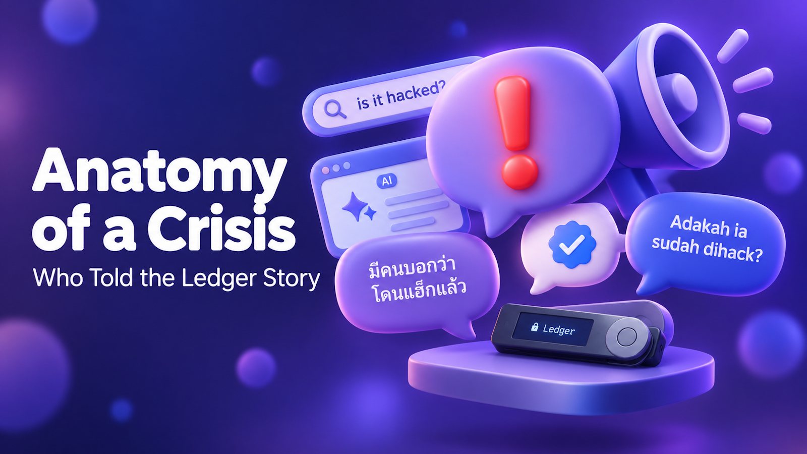 Anatomy of a Crisis: who told the Ledger story, with a search bar asking is it hacked, an AI answer window and messages in Thai and Malay around a hardware wallet