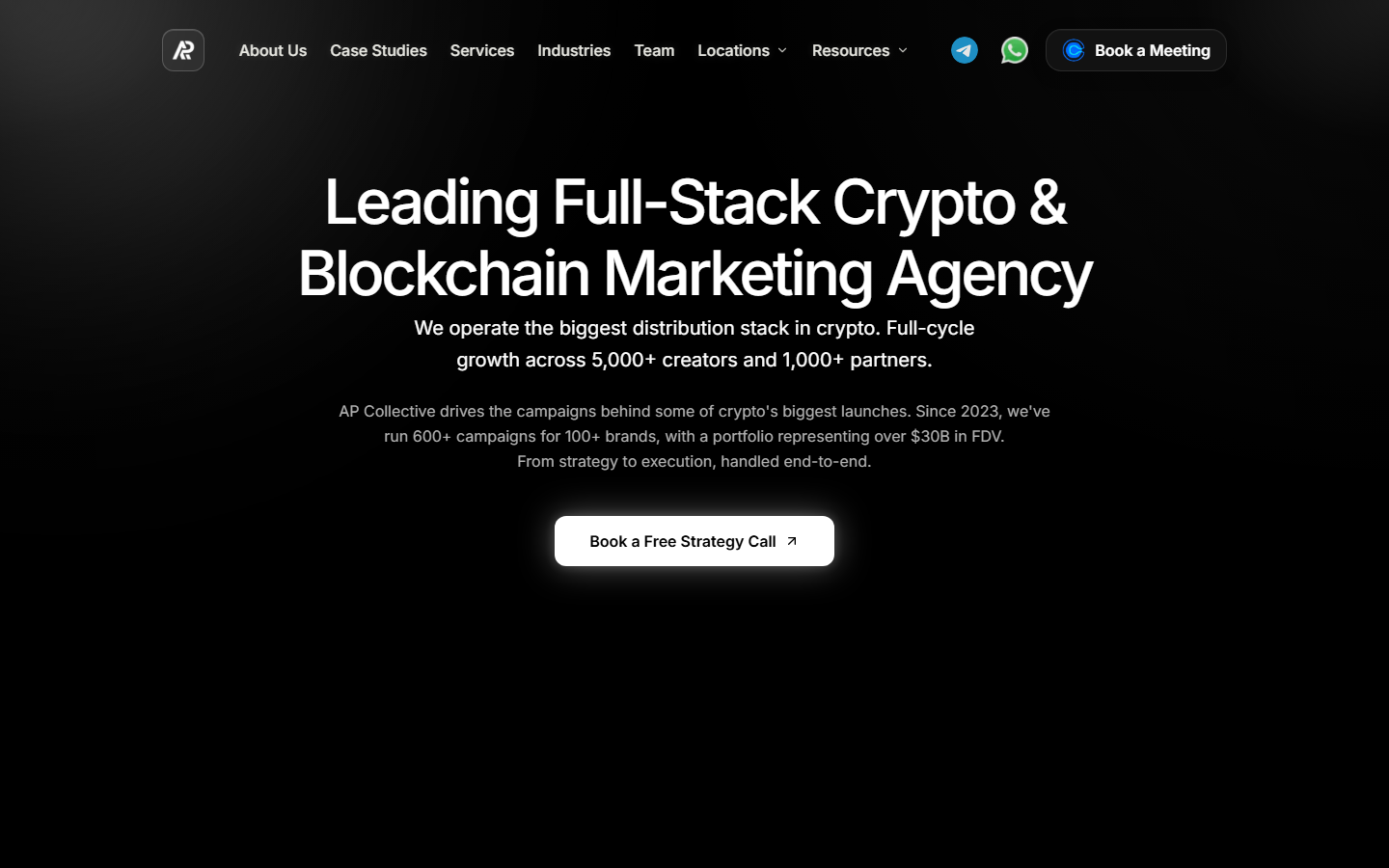 AP Collective homepage with the headline Leading Full-Stack Crypto and Blockchain Marketing Agency