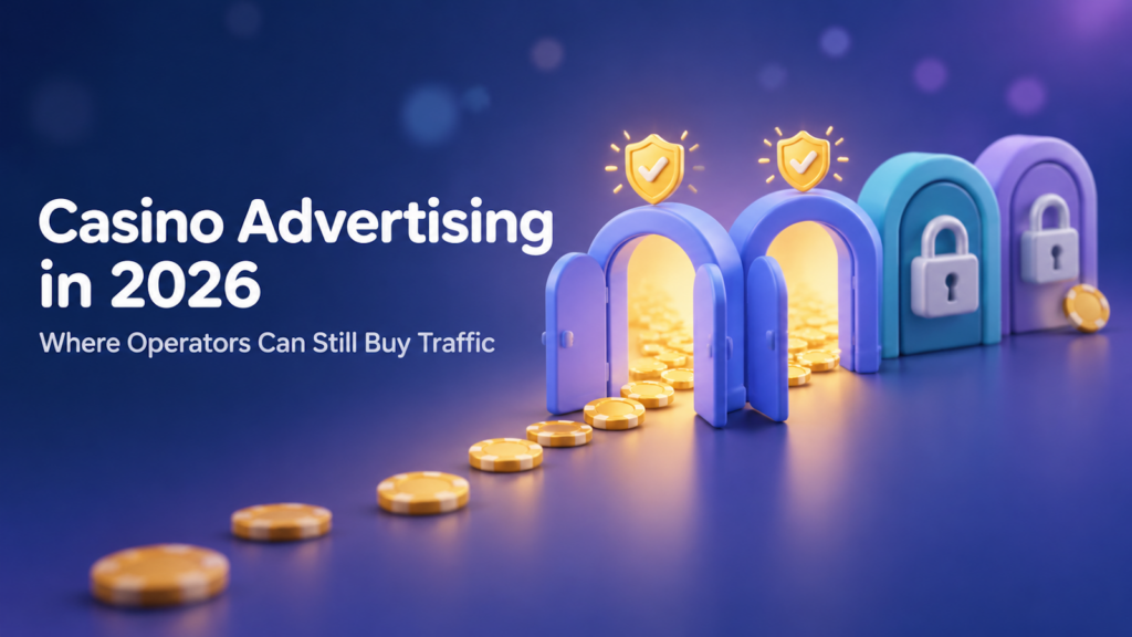 Casino advertising in 2026 cover: two open doors marked with gold check shields and a trail of casino chips beside two padlocked doors, showing channels that accept casino ads and channels that block them.