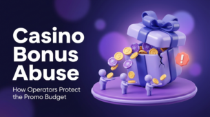 Cracked gift box spilling coins and casino chips to small figures, showing casino bonus abuse draining an operator's promo budget.