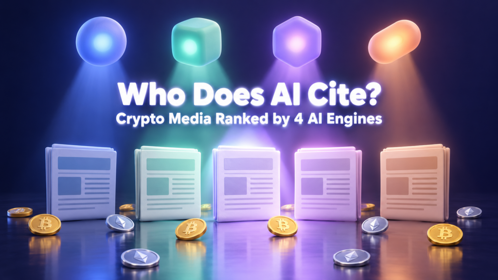 Four AI engine icons spotlight five crypto news pages, titled Who Does AI Cite? Crypto Media Ranked by 4 AI Engines