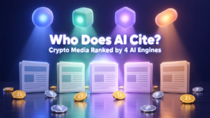 Four AI engine icons spotlight five crypto news pages, titled Who Does AI Cite? Crypto Media Ranked by 4 AI Engines