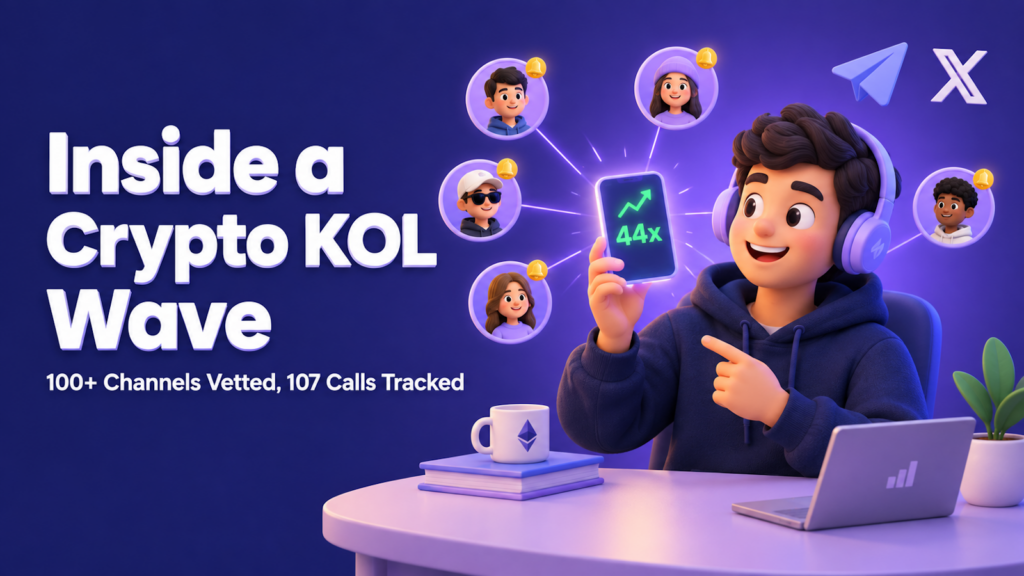 Crypto KOL marketing illustration: a caller shows a 44x call on a trading app as followers on Telegram and X get alerts.