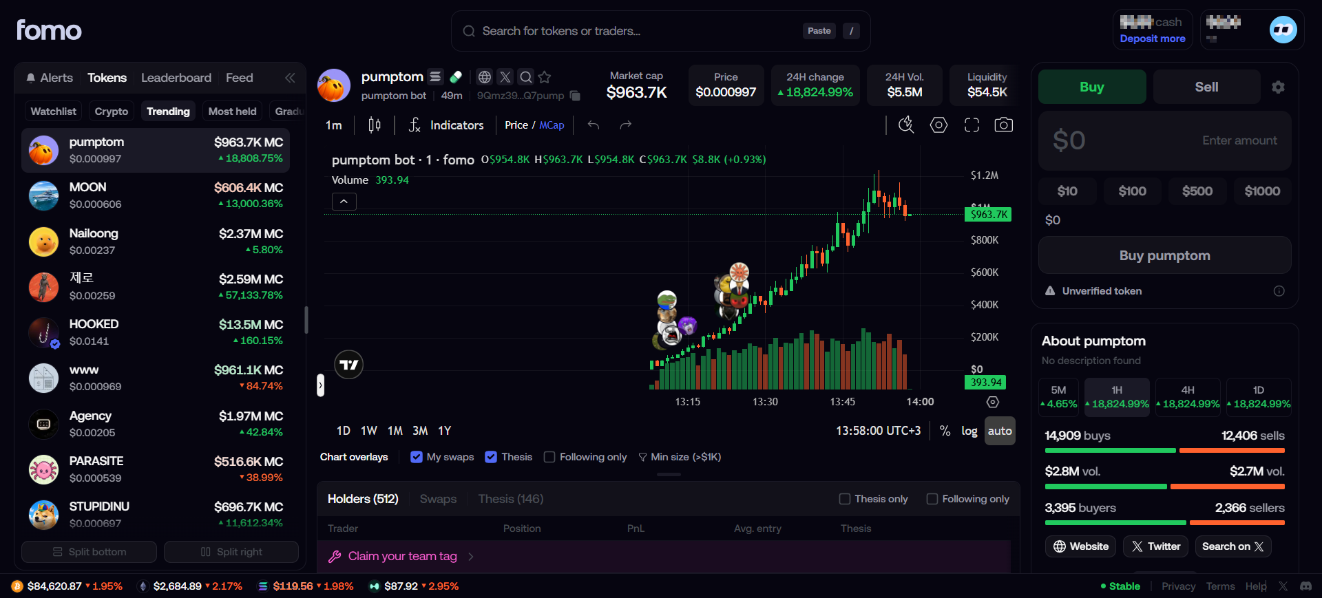 fomo app web interface: trending memecoins, a live token chart showing traders' avatars at their entries, and a buy panel.