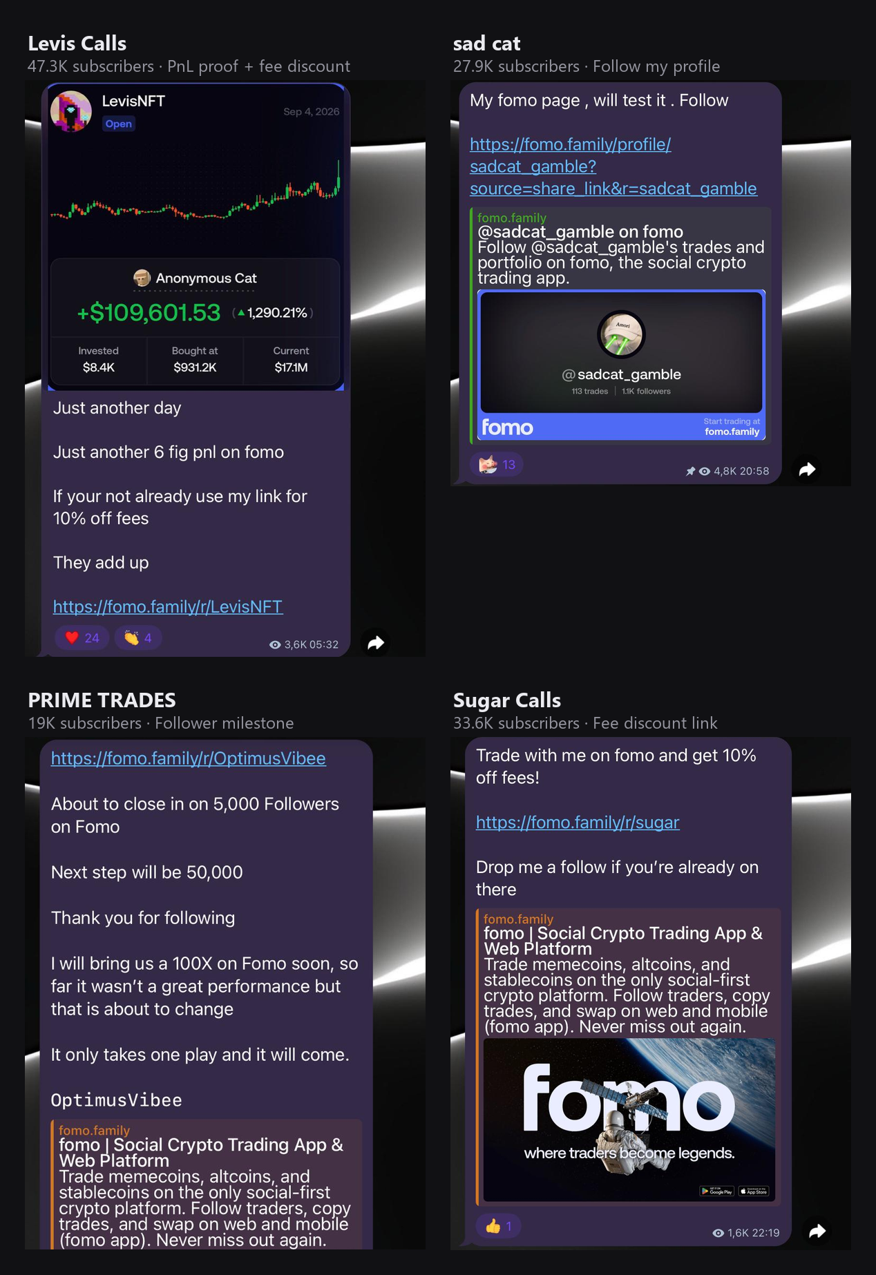 Four Telegram posts from crypto callers promoting the fomo app with referral links: a +$109,601 PnL card, a fomo profile, a 5,000-follower milestone and a 10% fee discount, examples of crypto KOL marketing.