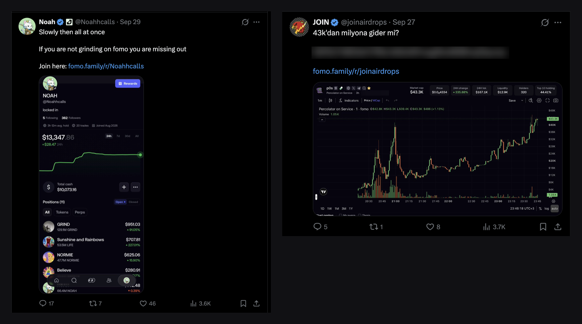 Two X posts from crypto callers sharing fomo.family referral links, one with a fomo trading app portfolio and one with a token chart, examples of crypto influencer marketing on X.