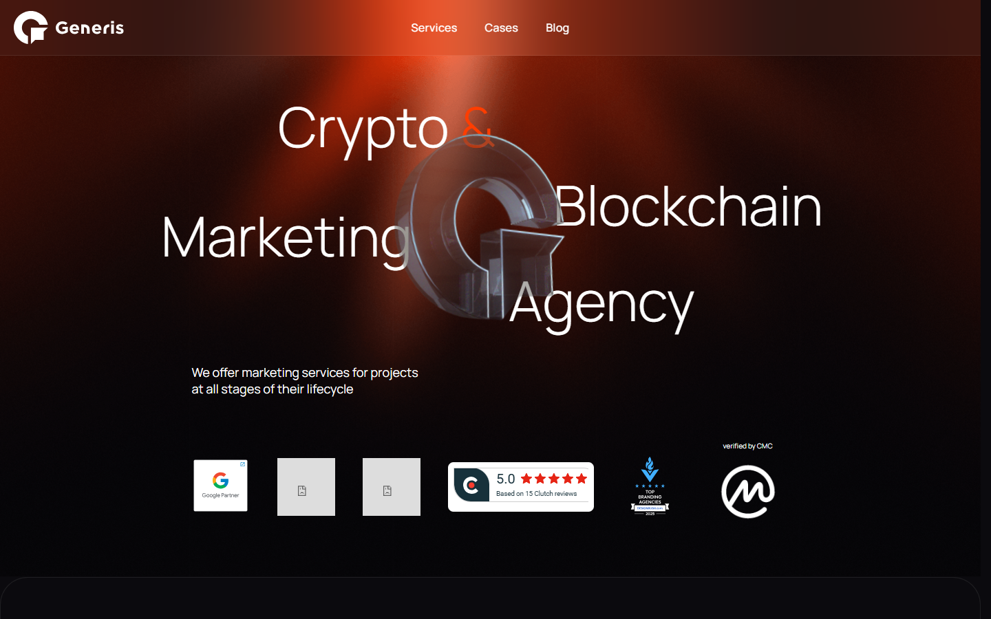 Generis homepage with the headline Crypto and Blockchain Marketing Agency