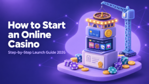 How to start an online casino business: illustration of a crane stacking a license, game platform, card and bitcoin payments and a roulette wheel.