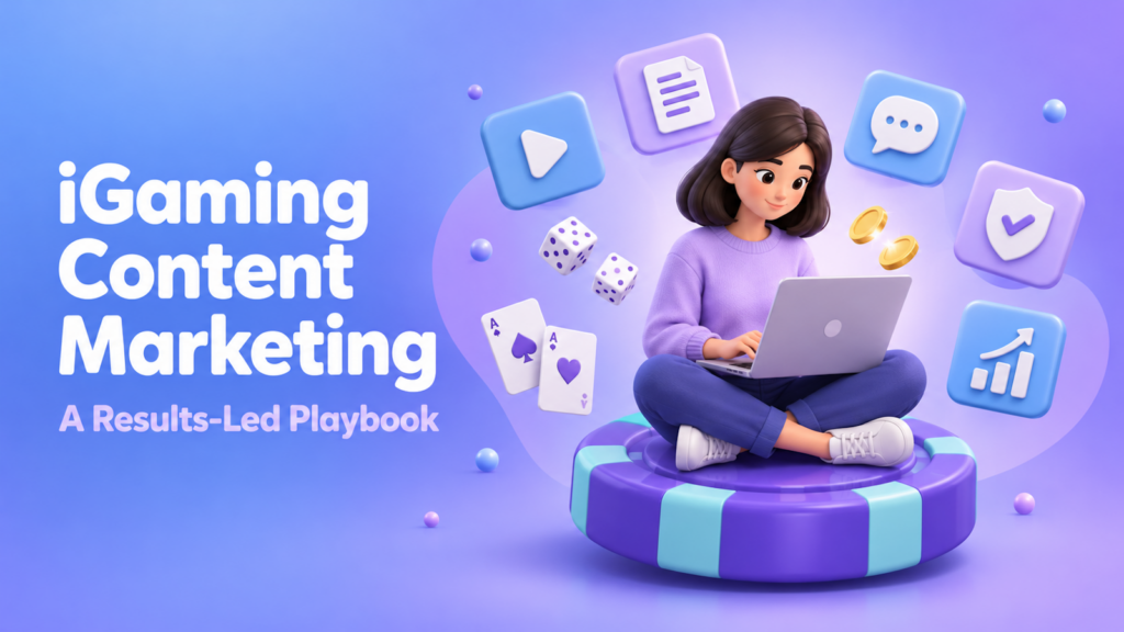 Illustration of a person with a laptop on a casino chip, surrounded by video, article, chat, shield and growth chart icons, dice and cards: iGaming content marketing playbook.