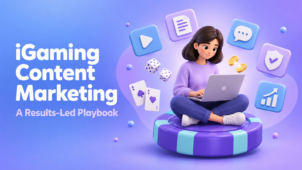 Illustration of a person with a laptop on a casino chip, surrounded by video, article, chat, shield and growth chart icons, dice and cards: iGaming content marketing playbook.