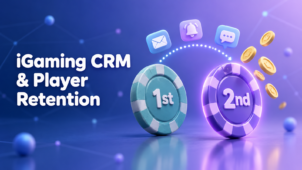 Two casino chips marked 1st and 2nd joined by a dotted arrow, with email, push notification and chat icons above, illustrating iGaming CRM turning a first deposit into a second deposit.