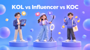 KOL vs influencer vs KOC cover: a key opinion leader with a growth-chart tablet, an influencer with a ring light and a KOC with a phone.