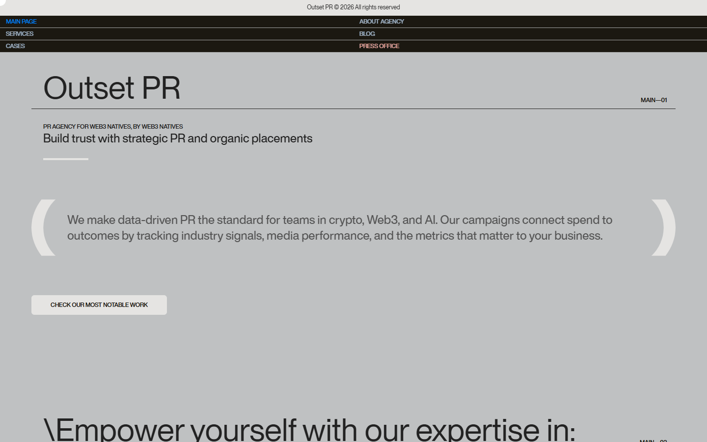Outset PR homepage: PR agency for Web3 natives, by Web3 natives