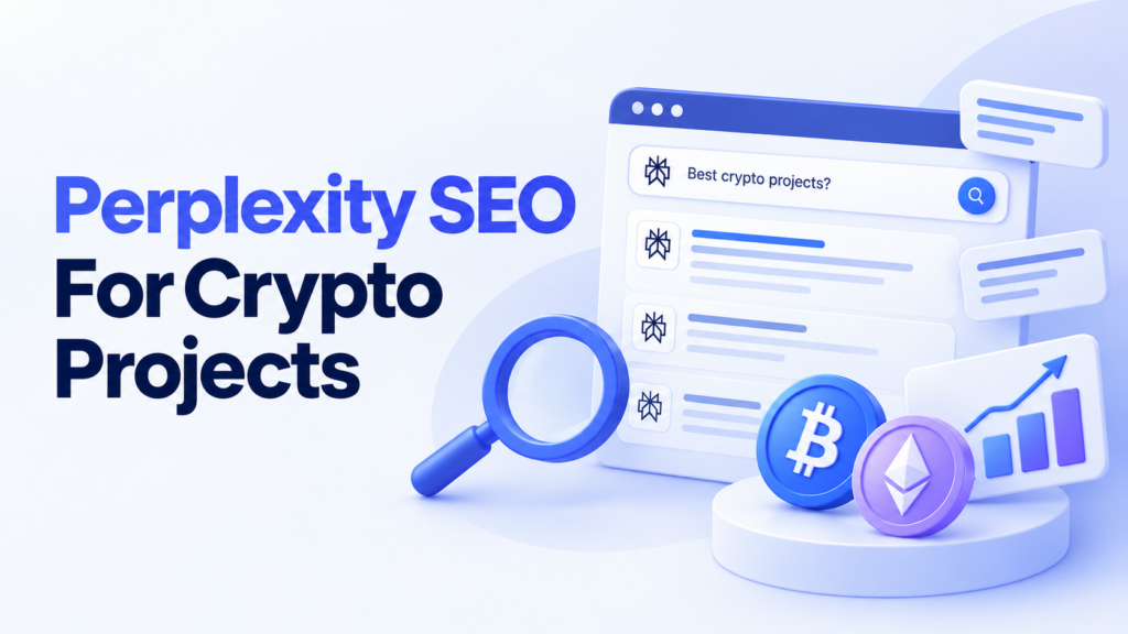 Perplexity SEO for crypto projects cover with search analytics, crypto assets, magnifying glass, and AI search interface in blue and purple 3D style.