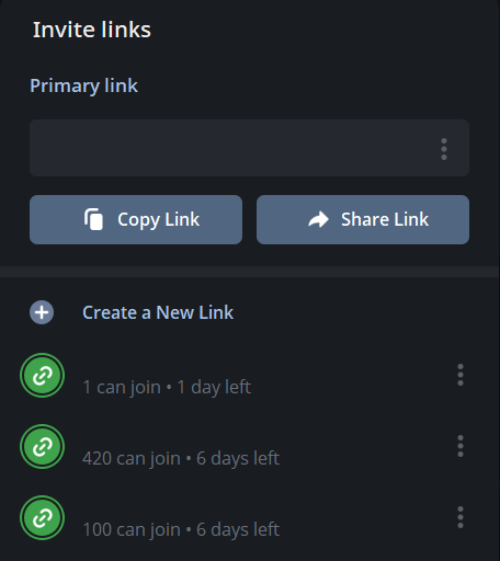 Telegram Desktop invite links screen with a Create a New Link button and three extra links, each with a limit on joins and a number of days left