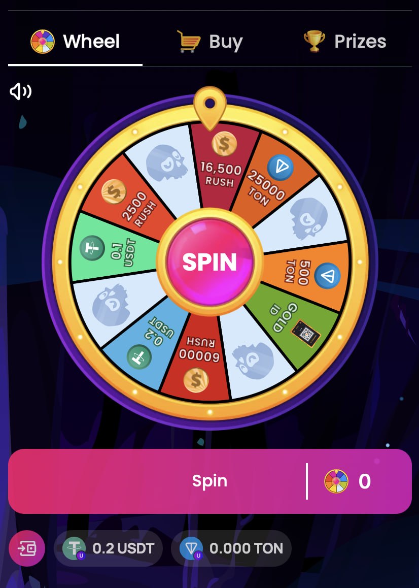 UDS Wheel of Fortune Telegram mini app interface with prize wheel offering RUSH, TON, USDT and Gold ID rewards