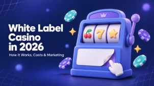 White label casino in 2026: illustration of a slot machine with a blank white label on the panel, a cherry, seven and star on the reels, and casino chips.